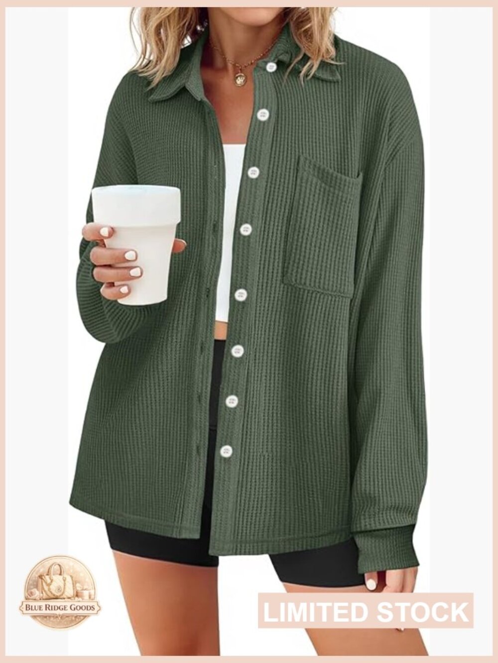 Waffle Knit Button Down Blouse Long Sleeve V Neck Loose Fit Casual Chic